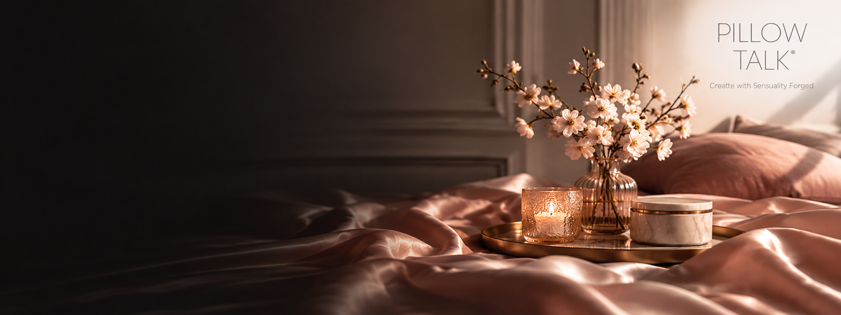 Pillow Talk Markenwelt bei Evoria Care mit Rosé, Champagner und warmen Lichtakzenten im eleganten Premium-Design