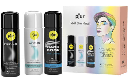 pjur Pride Box Gleitgel-Set – Setübersicht mit drei verschiedenen pjur Gleitgelen und farbenfroher Pride-Verpackung
