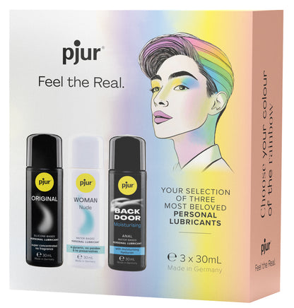 pjur Pride Box Gleitgel-Set – drei Gleitgel-Sorten zusammen mit der Pride Box in kompakter Produkt- und Verpackungsansicht