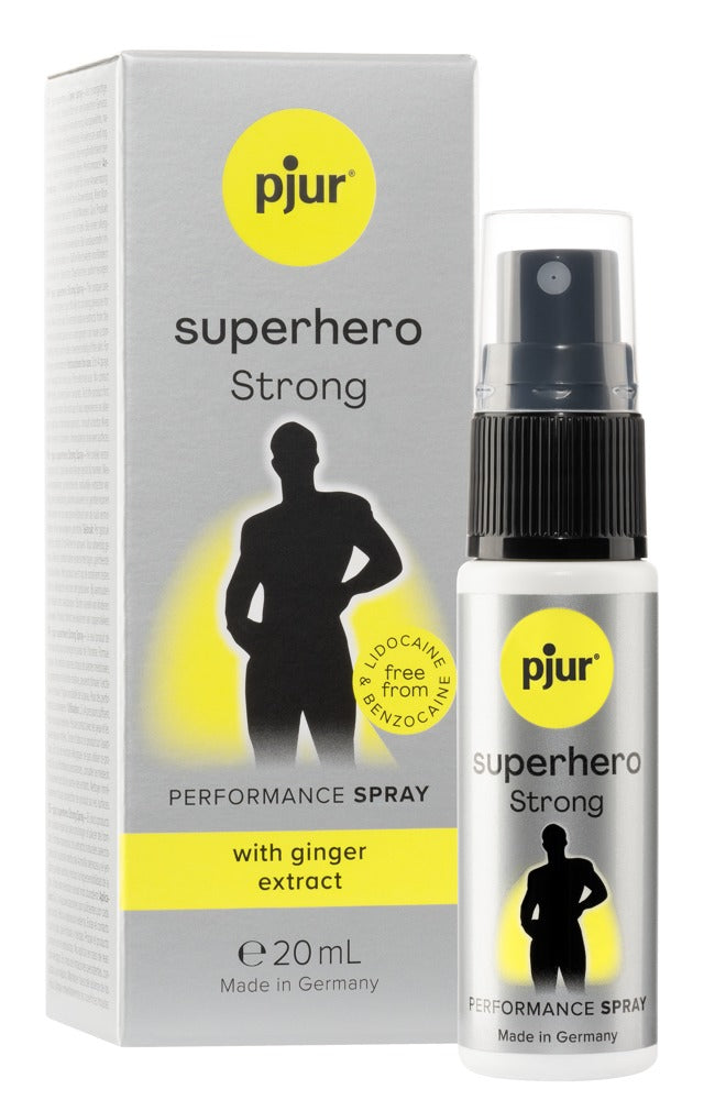 pjur Superhero Strong Verzögerungsspray mit Ingwer-Extrakt 20 ml – Verpackung und Produktansicht