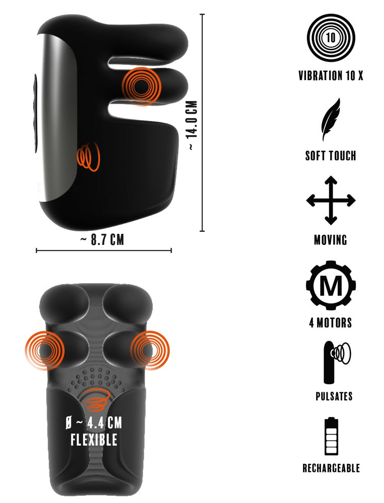 Infografik zum Rebel Pulse Grip Masturbator mit Funktionen, Modi und Produkteigenschaften