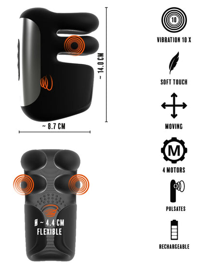 Infografik zum Rebel Pulse Grip Masturbator mit Funktionen, Modi und Produkteigenschaften
