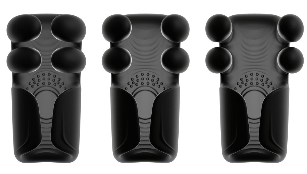 Produktdarstellung des Rebel Pulse Grip Masturbators mit verschiedenen Positionen der Greifmassage