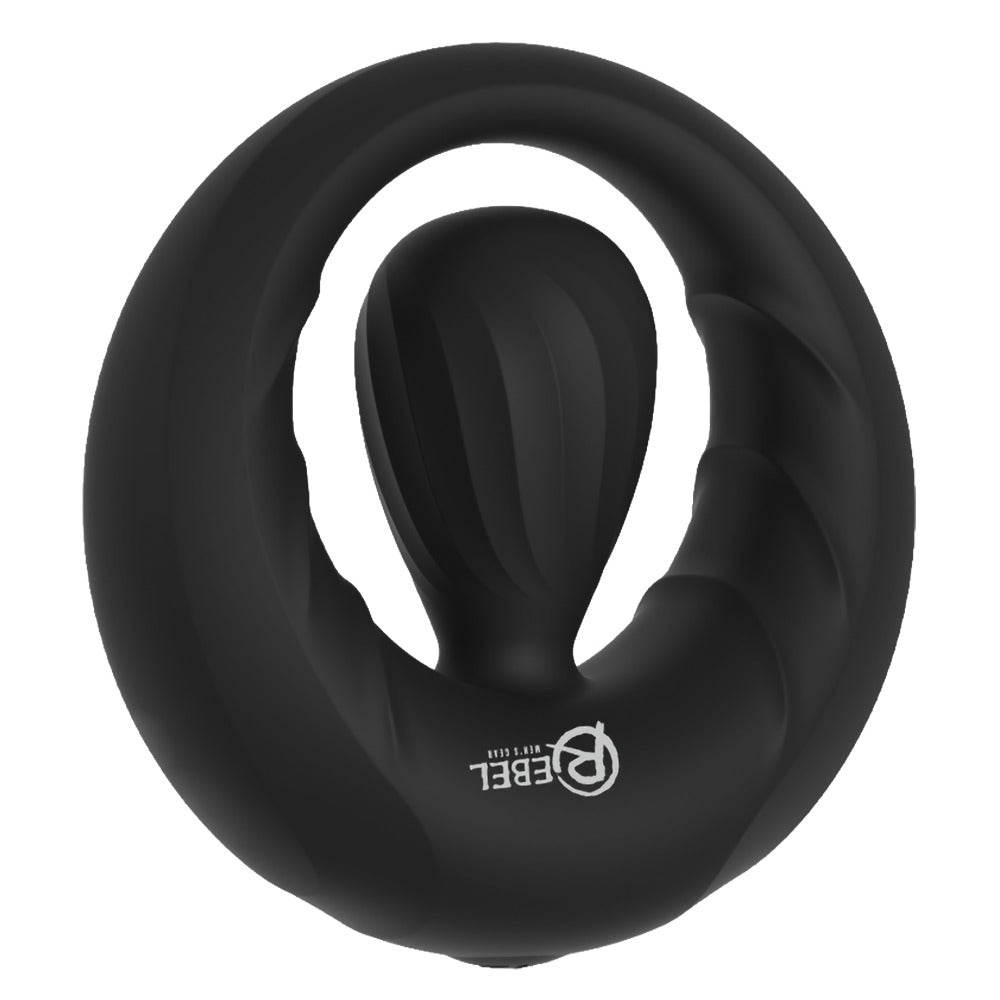 Rebel Vibro-Penisring aus schwarzem Silikon mit flexiblem Stimulator in der Frontansicht