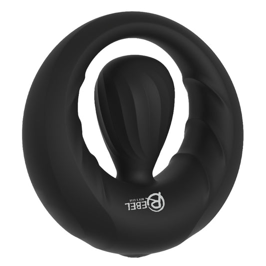 Rebel Vibro-Penisring aus schwarzem Silikon mit flexiblem Stimulator in der Frontansicht