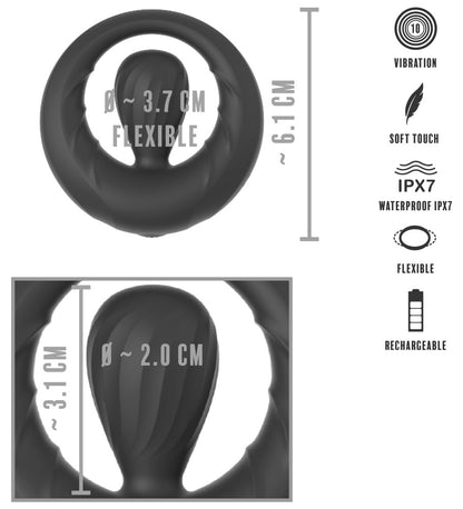 Maßgrafik des Rebel Vibro-Penisrings mit Ring- und Stimulator-Abmessungen