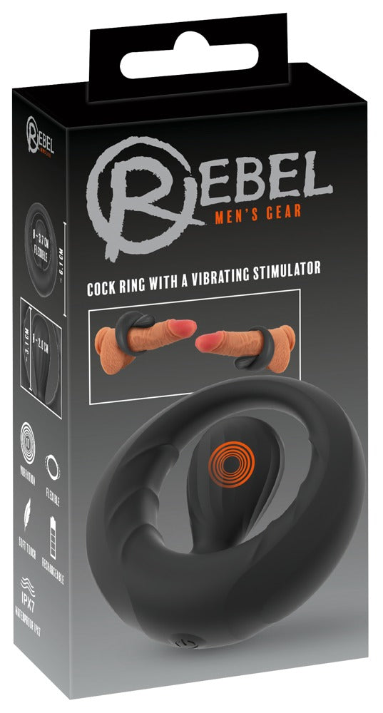 Rebel Vibro-Penisring in schwarzer Originalverpackung mit Produktabbildung