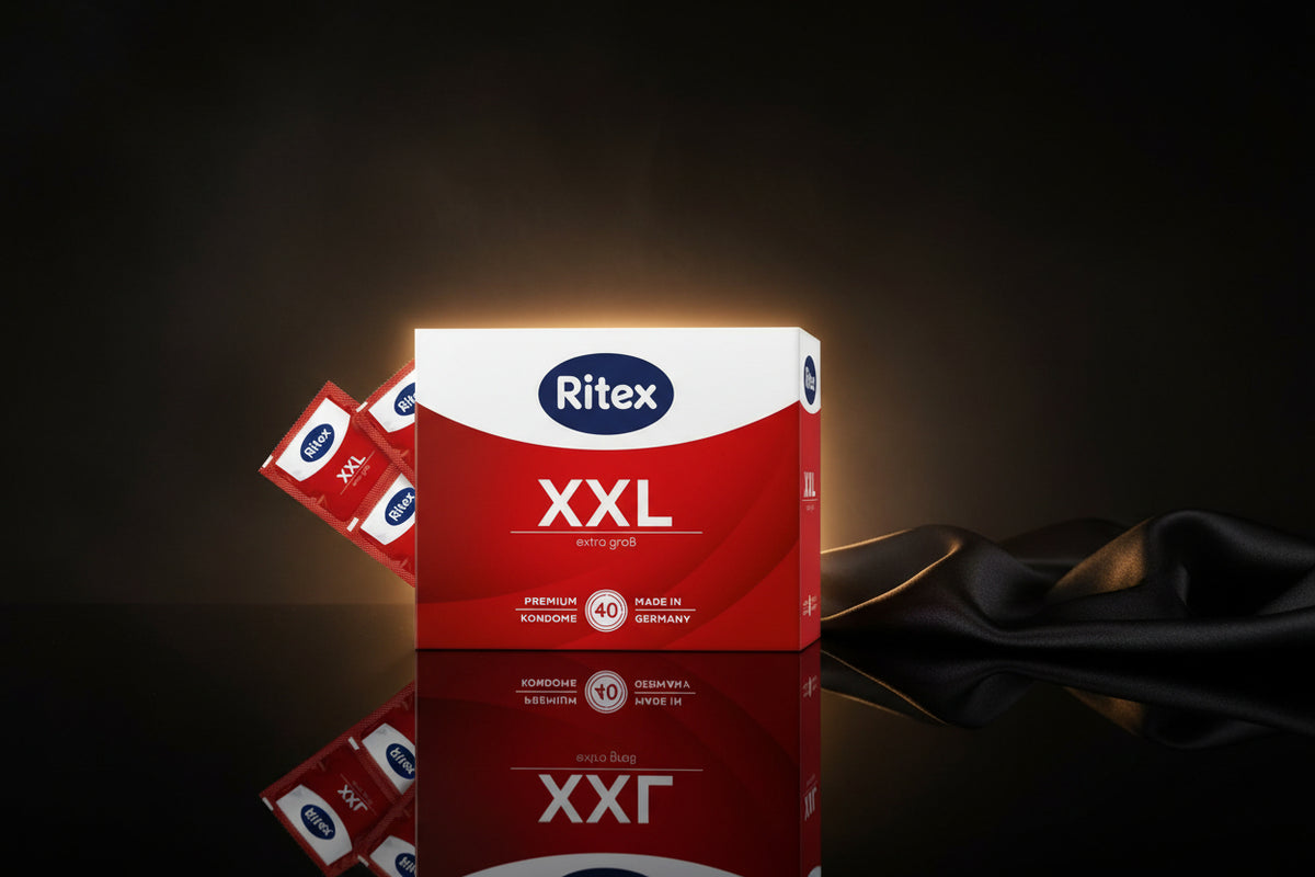Paket mit Ritex XXL Kondomen, speziell für mehr Komfort und Sicherheit