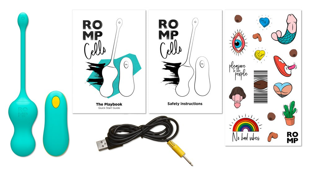 ROMP Cello Vibrokugeln Set mit Zubehör und Verpackung