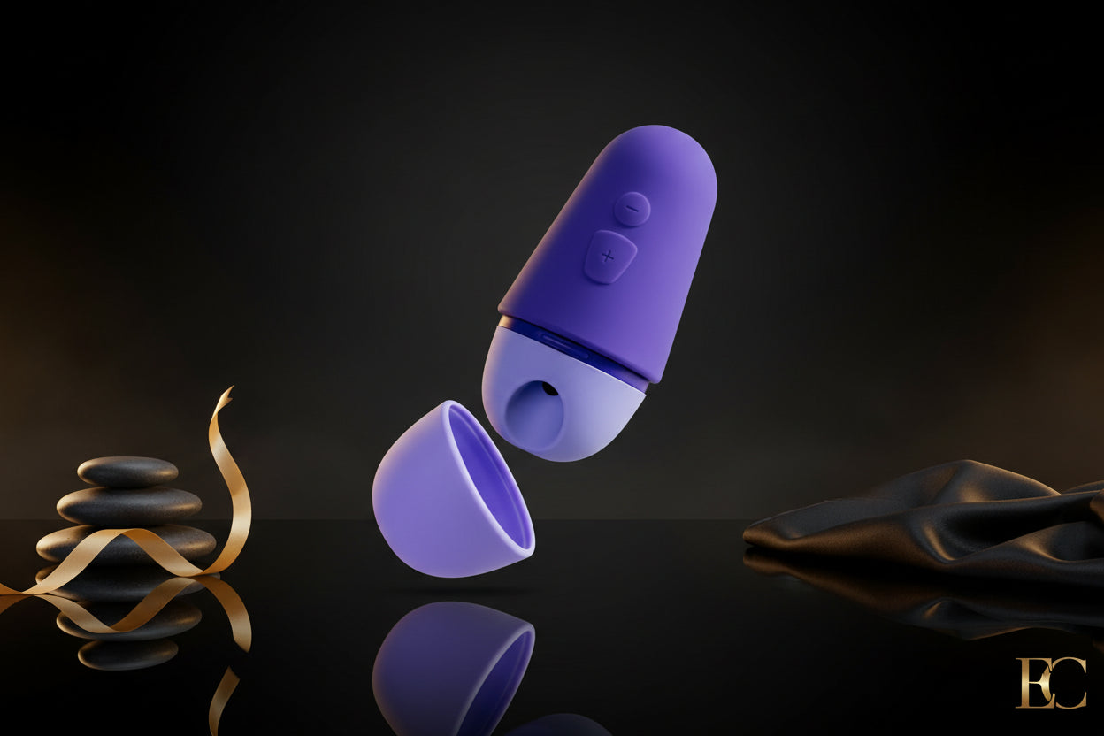 ROMP Free X Pulsator in Lila mit Schutzkappe – elegante Produktansicht