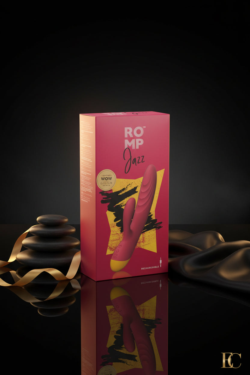 ROMP Jazz Rabbitvibrator Verpackung in Rot und Pink
