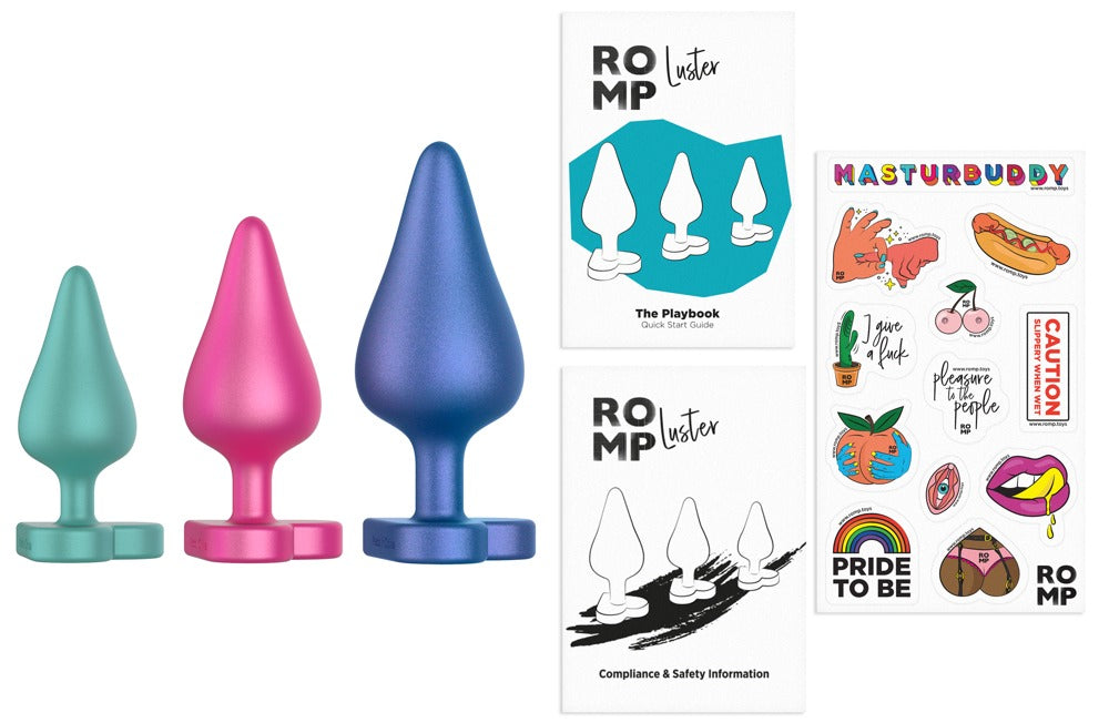 Verpackungsinhalt des ROMP Luster Analplug Sets mit Zubehörübersicht