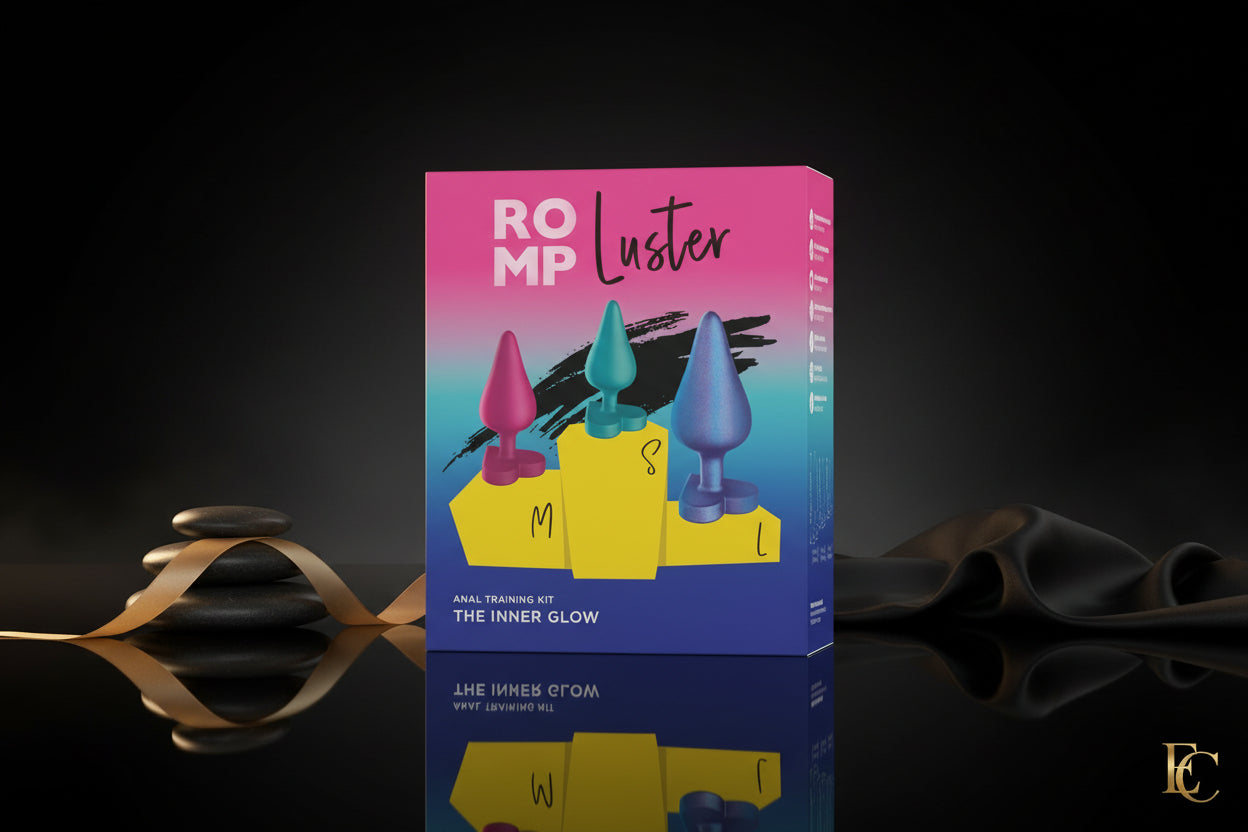 Verpackung des ROMP Luster Analplug Sets in farbigem Design