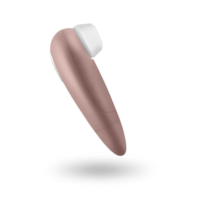 Satisfyer 1 Next Generation Druckwellenstimulator in geneigter Seitenansicht mit weißem Stimulationsaufsatz