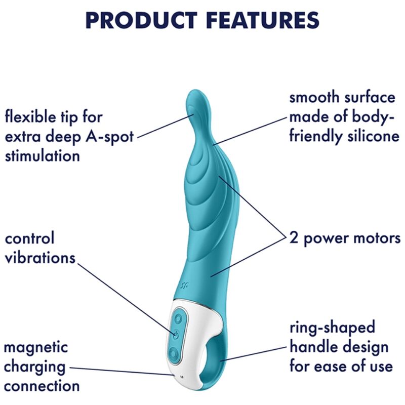 SATISFYER A-Mazing 2 A-Punkt-Vibrator in Türkis mit Übersicht der Produktfunktionen und zwei Motoren