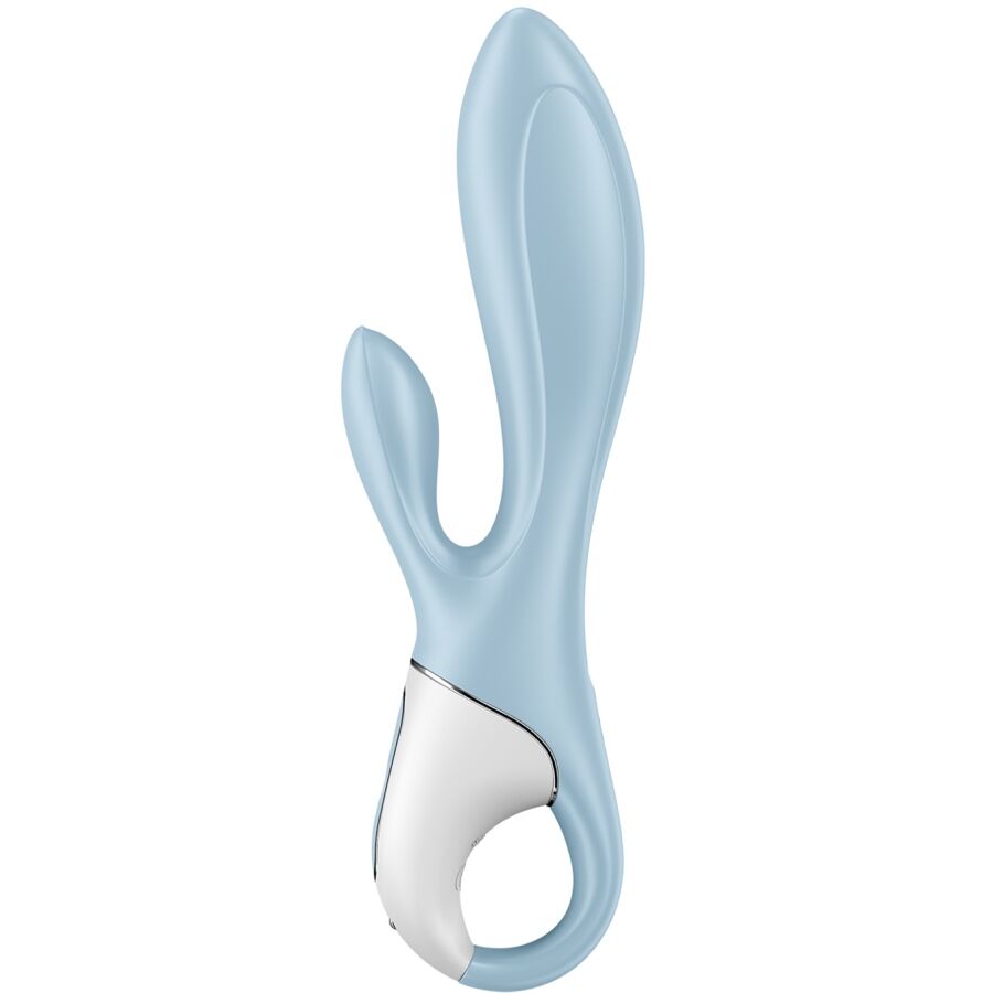 Satisfyer Air Pump Bunny 1 Rabbit-Vibrator in Hellblau mit äußerem Stimulationsarm und Ringgriff in der Gesamtansicht