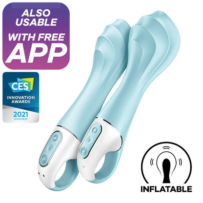Satisfyer Air Pump Vibrator 5+ in Hellblau mit App-Steuerung und variabler Fülle in der Funktionsdarstellung