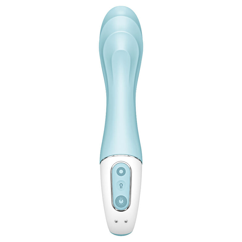 Satisfyer Air Pump Vibrator 5+ in Hellblau mit sichtbaren Bedienelementen in der Vorderansicht