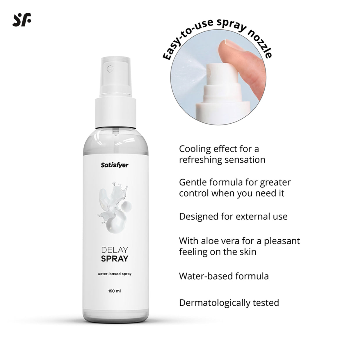 Satisfyer Delay Spray mit Anwendungsgrafik für die äußerliche Anwendung im männlichen Intimbereich