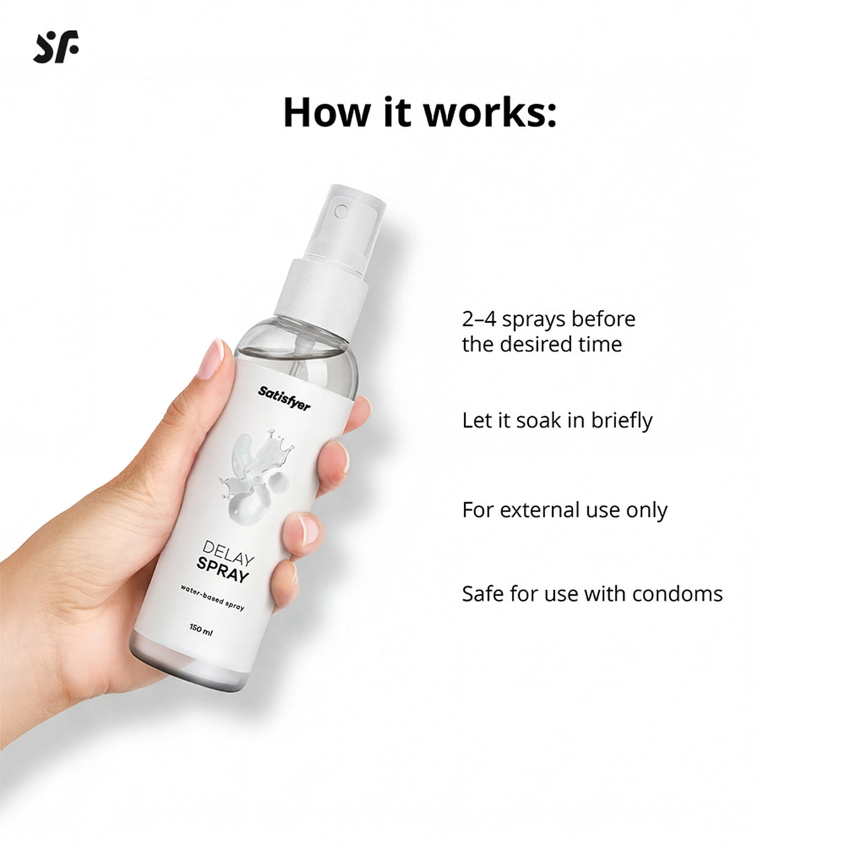 Anwendung des Satisfyer Delay Sprays mit Hand am Sprühkopf und grafischer Kurzanleitung