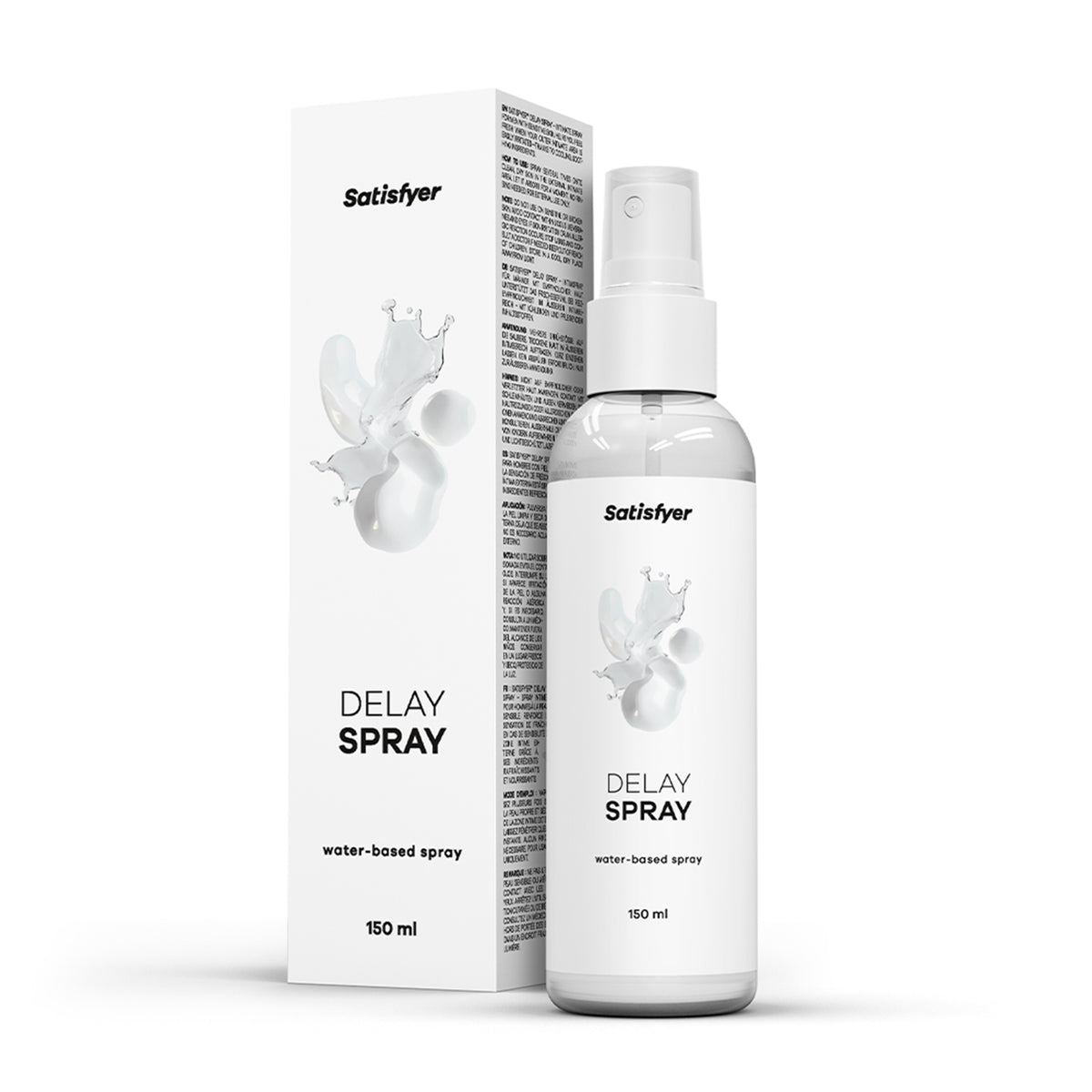 Satisfyer Delay Spray mit Flasche und Originalverpackung in frontaler Produktansicht