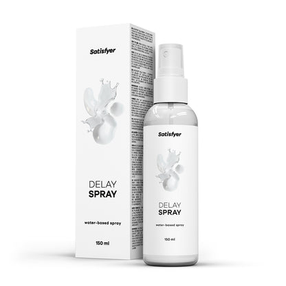 Satisfyer Delay Spray mit Flasche und Originalverpackung in frontaler Produktansicht