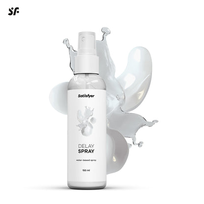 Satisfyer Delay Spray Flasche mit grafischer Darstellung der leichten wasserbasierten Formel