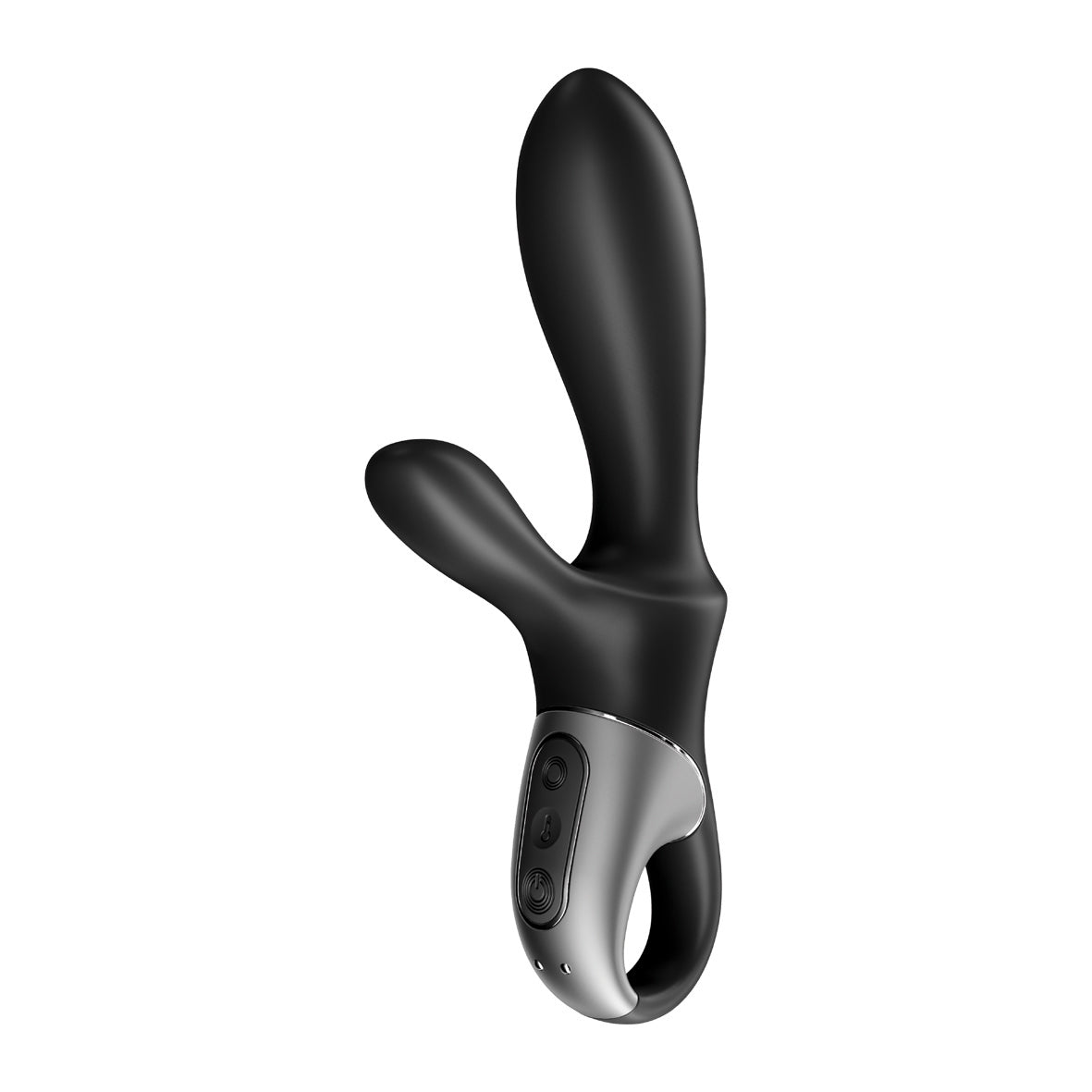 Satisfyer Heat Climax+ schwarzer Wärmevibrator in schräger Perspektivansicht mit gebogenem Hauptschaft und zusätzlichem Stimulationsarm