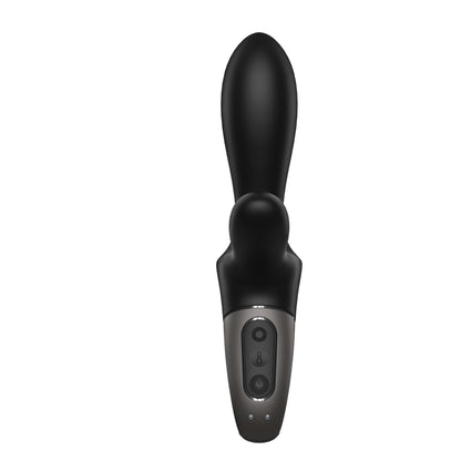 Satisfyer Heat Climax+ schwarzer Dual-Stimulations-Vibrator in Vorderansicht mit ergonomisch gebogenem Schaft und Bedienbereich