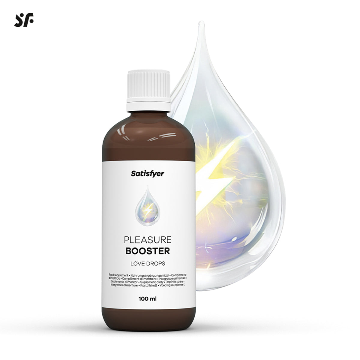 Satisfyer Love Drops Flasche mit grafischer Darstellung der Formel mit L-Arginin und Vitamin C