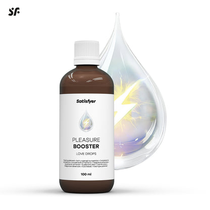 Satisfyer Love Drops Flasche mit grafischer Darstellung der Formel mit L-Arginin und Vitamin C