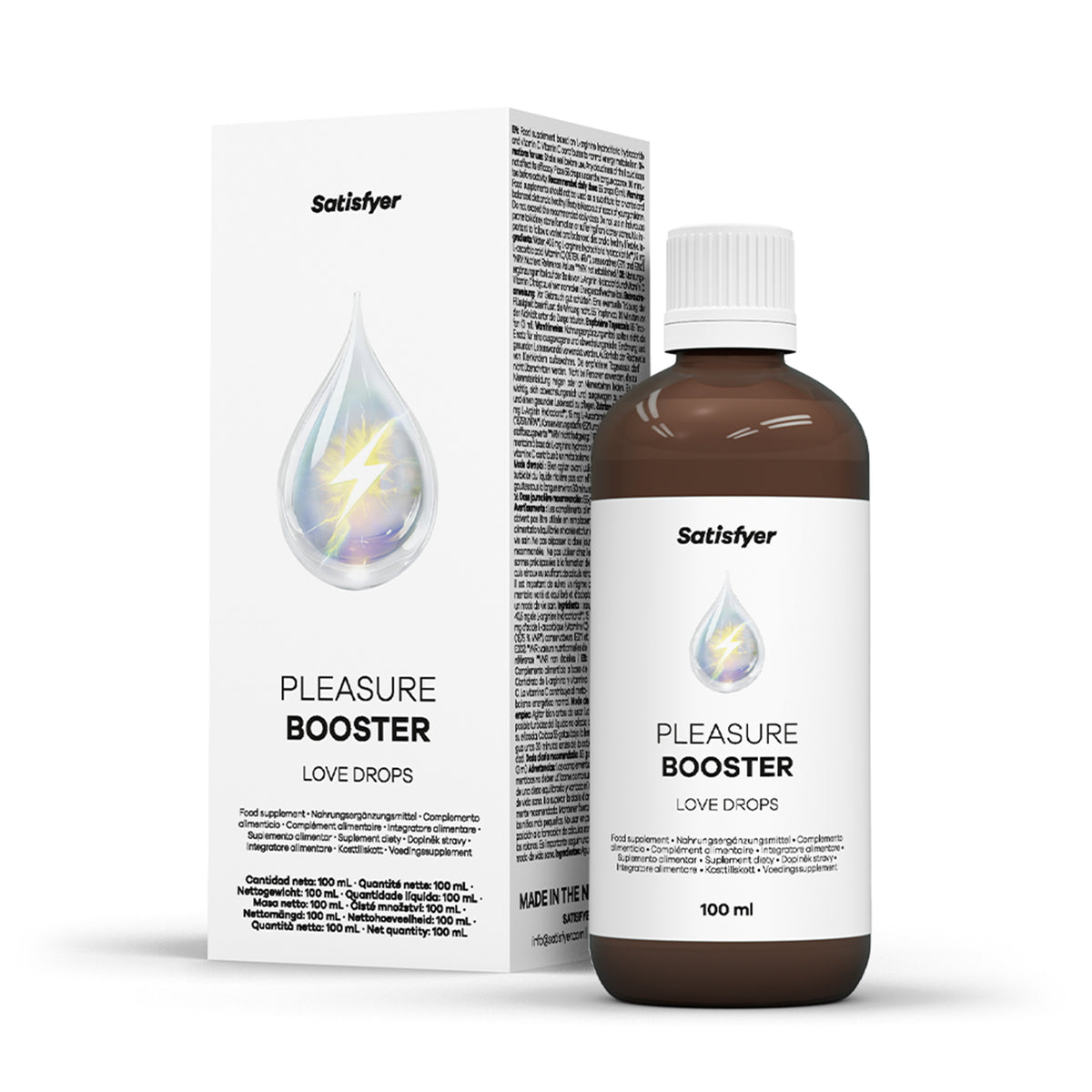 Satisfyer Love Drops mit Flasche und Originalverpackung in frontaler Produktansicht