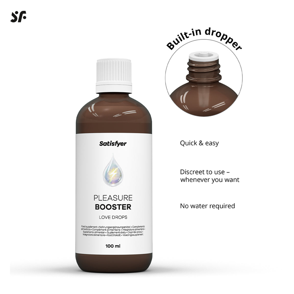 Satisfyer Love Drops mit Detailgrafik zum integrierten Tropfeinsatz und zur Dosierung