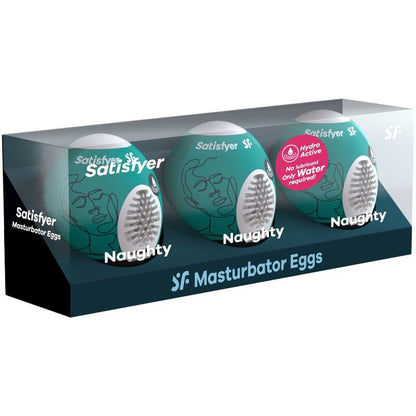 Satisfyer Naughty Set mit drei strukturierten Masturbator Eggs in der Originalverpackung