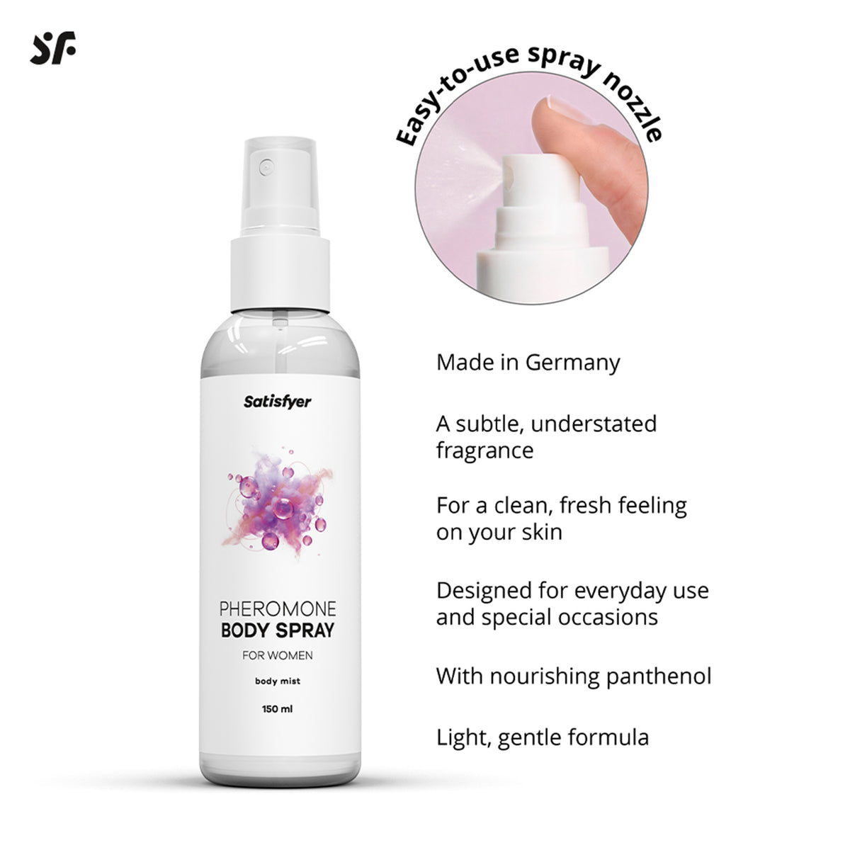 Satisfyer Pheromone Body Spray for Her mit Grafik zu den empfohlenen Anwendungsbereichen auf der Haut
