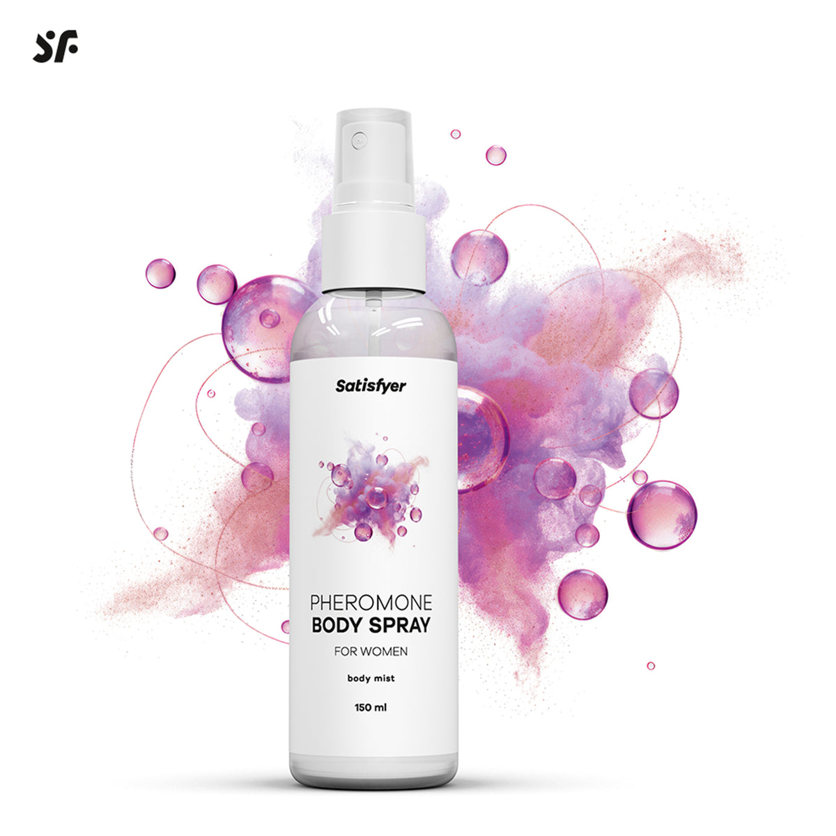 Satisfyer Pheromone Body Spray for Her mit grafischer Darstellung des frischen, dezenten Duftcharakters
