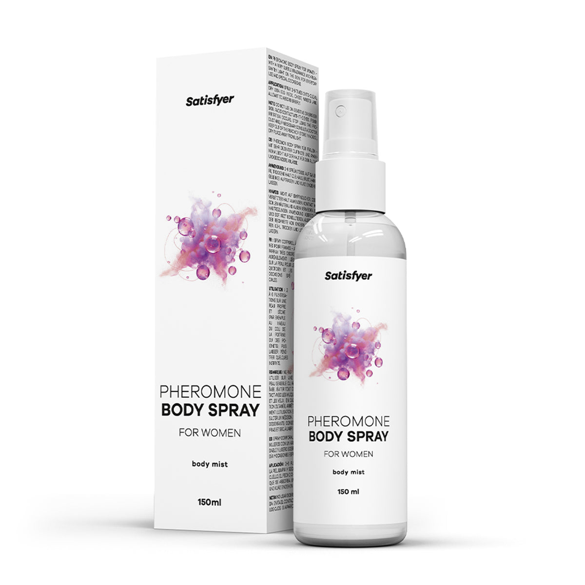 Satisfyer Pheromone Body Spray for Her mit Flasche und Originalverpackung in frontaler Produktansicht