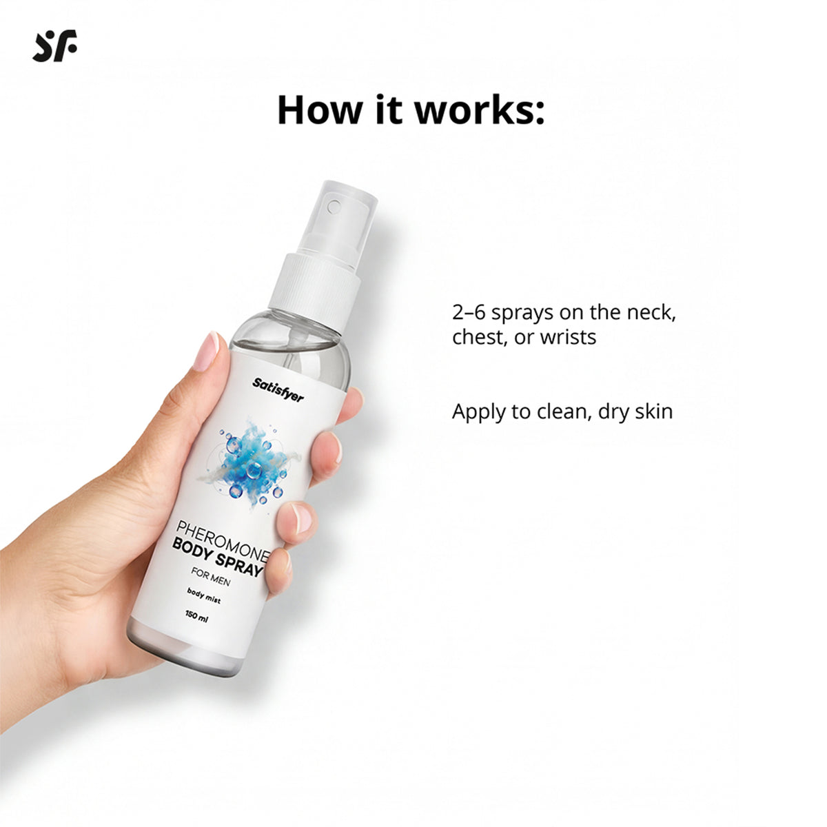 Anwendung des Satisfyer Pheromone Body Spray for Him mit Hand am Sprühkopf und Kurzanleitung