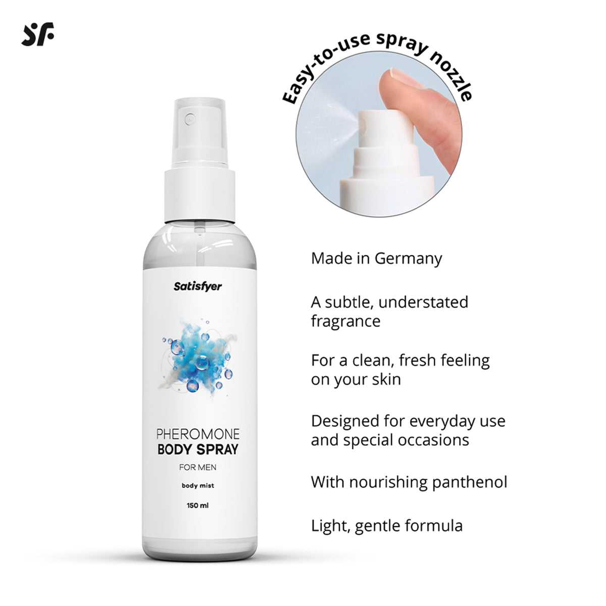 Satisfyer Pheromone Body Spray for Him mit Grafik zu den empfohlenen Anwendungsbereichen auf der Haut