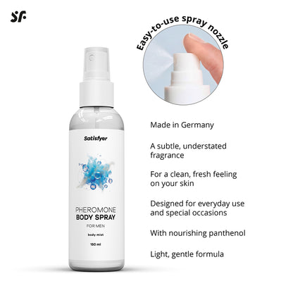 Satisfyer Pheromone Body Spray for Him mit Grafik zu den empfohlenen Anwendungsbereichen auf der Haut