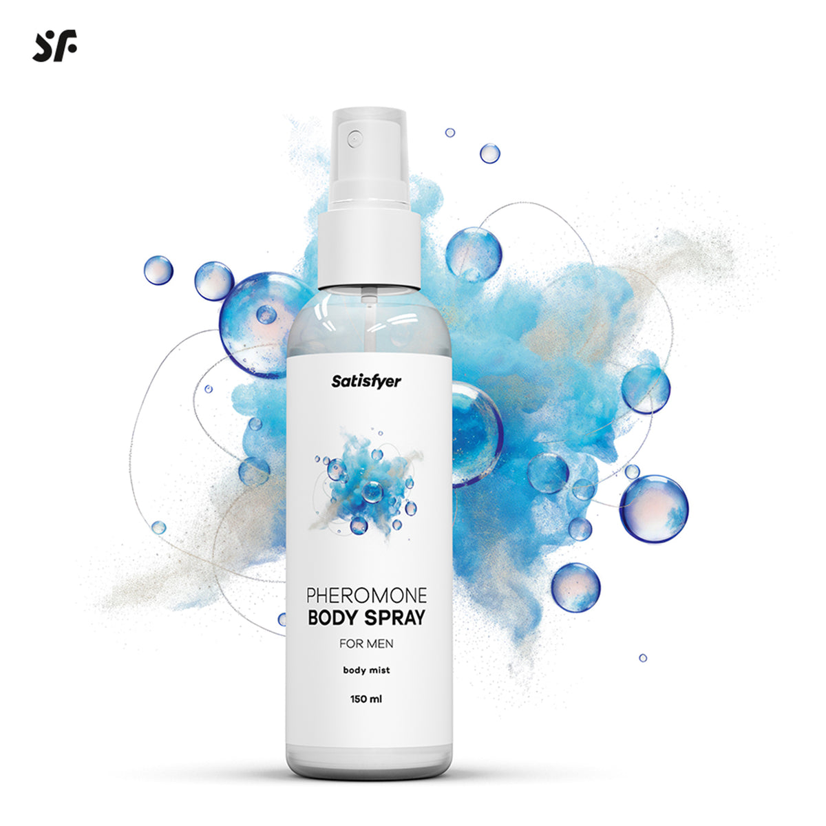 Satisfyer Pheromone Body Spray for Him mit grafischer Darstellung des frischen, dezenten Duftcharakters