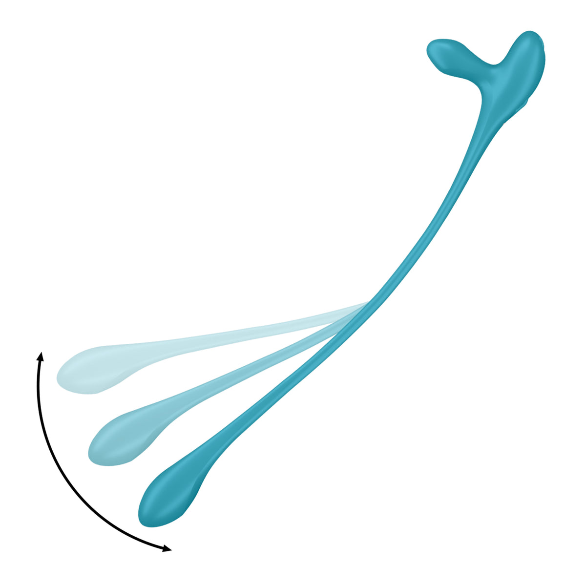 Satisfyer Plug & Play 1 in Seitenansicht mit langem flexiblem Verbindungselement und zwei unterschiedlich geformten Stimulationsenden