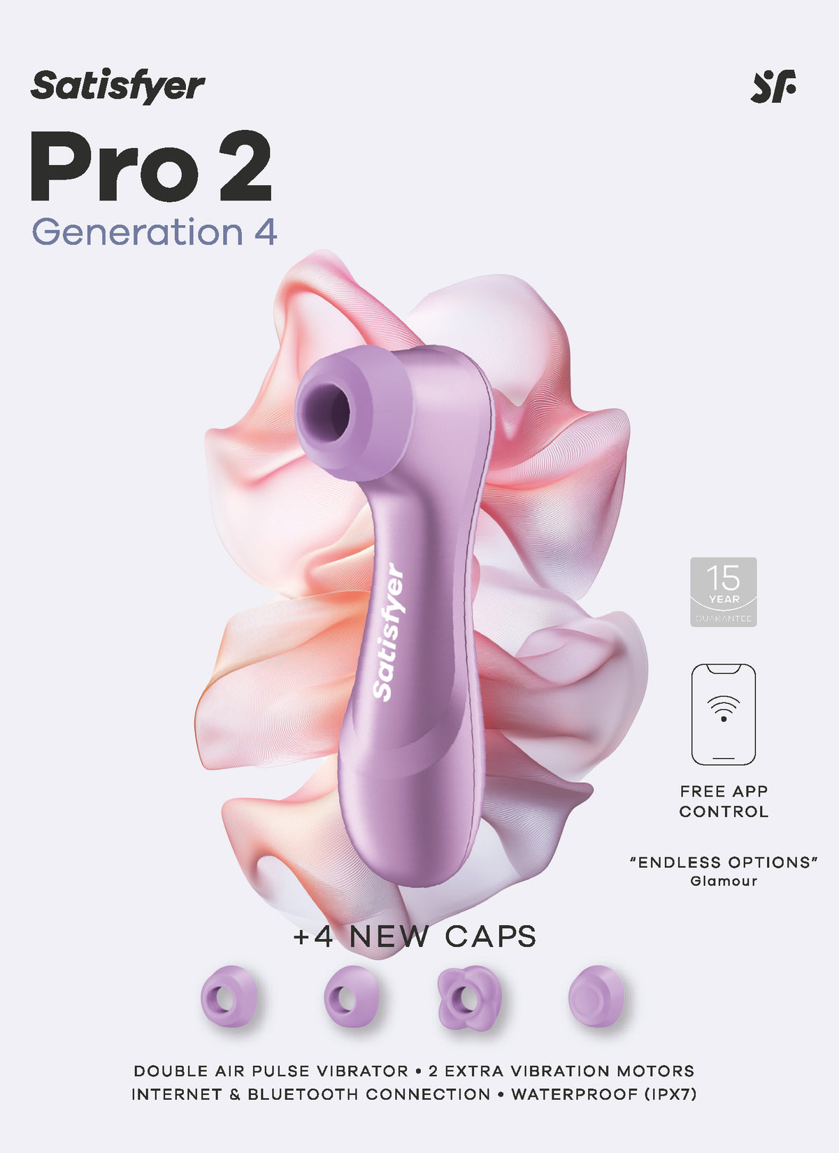 Satisfyer Pro 2 Generation 4 Amethyst mit Übersicht des Vier-Aufsatz-Systems