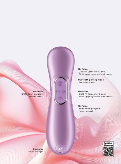 Satisfyer Pro 2 Generation 4 Amethyst mit grafischer Darstellung wichtiger Funktionen