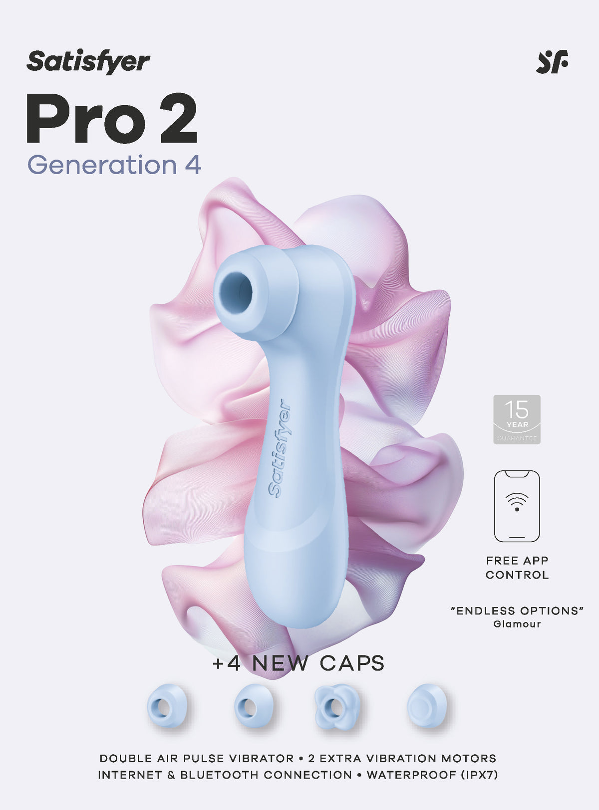Satisfyer Pro 2 Generation 4 Serene Blue mit Übersicht des Vier-Aufsatz-Systems