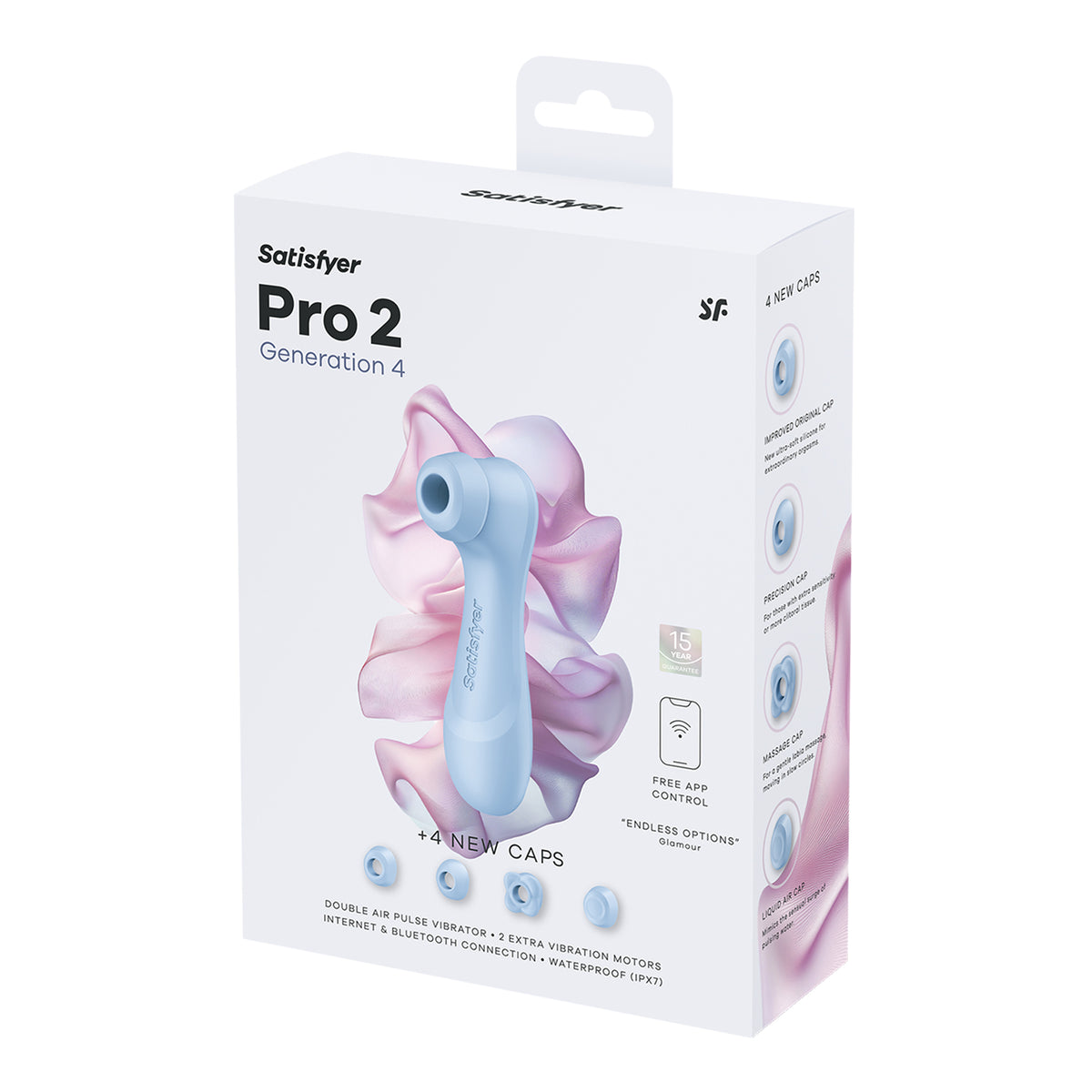 Originalverpackung des Satisfyer Pro 2 Generation 4 Serene Blue in Perspektivansicht