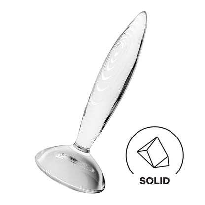 Satisfyer Sparkling Crystal Glasplug in Seitenansicht mit länglicher Form und breiter Basis für sicheren Halt