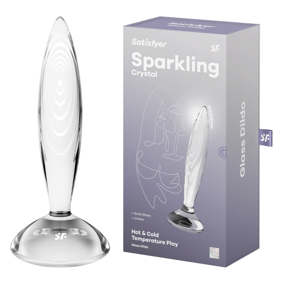 Satisfyer Sparkling Crystal transparenter Glasplug zusammen mit der Originalverpackung in einer kombinierten Produktansicht