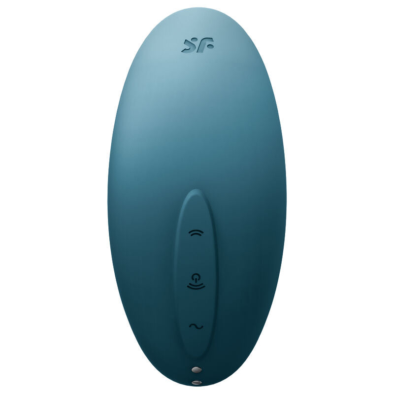 SATISFYER Vulva Lover 2 in Petrol mit sichtbaren Bedienelementen in der Vorderansicht