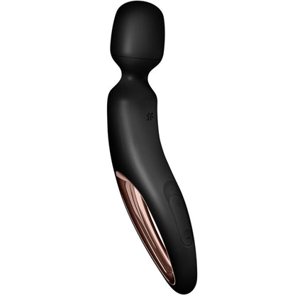 SATISFYER Wand-erland Wand-Massager in Schwarz mit geschwungenem Griff und metallischem Detail in der Seitenansicht